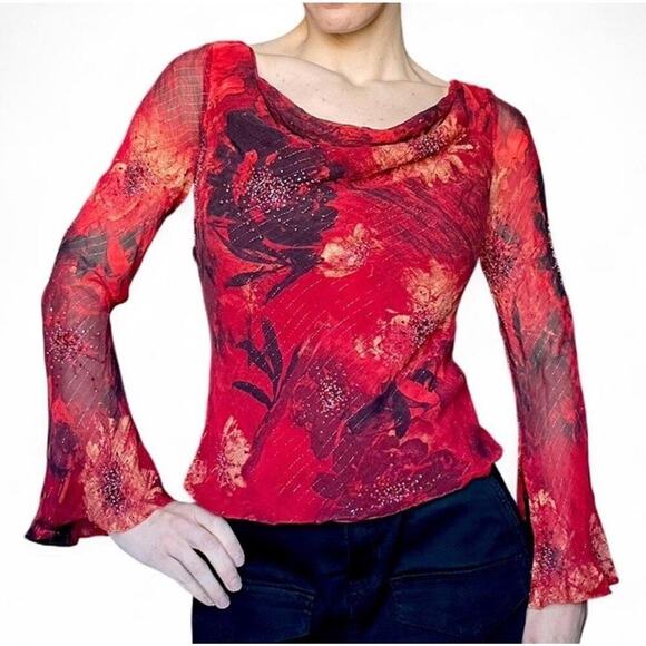 Unbranded Tops - Vintage 100% Silk Red Floral Fairy Euro Top Beaded Bell Sleeves Women’s Small